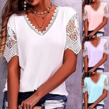 Ladies Plus Size Summer Short Sleeve T Shirt Tops Womens Plain Lace Blouse Tee