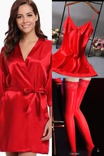Women's Silk Satin 3 Piece Set - Robe, Camisole, and Stockings Set One Size 8-12