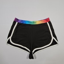 Calvin Klein Womens Pyjama Shorts Black Large Cotton Loungewear Rainbow Waist