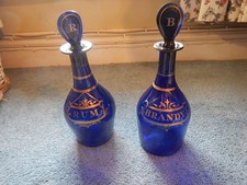 Pair of Antique Bristol Blue Glass Decanters ~ Rum & Brandy Gilt Lettering