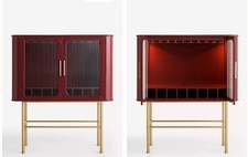 Anthropologie Lennon Bar/Drinks Cabinet, Red Lacquered Beech With Lights RRP1999