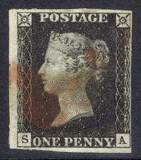GB QV SG2 - 1d PENNY BLACK - RED MX - 4 MARGINS - 1840 STAMP - cv £425