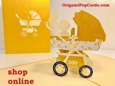 Baby Carriage Pram Gold 3D Pop Up Greeting Baby Shower Congratulations New Born