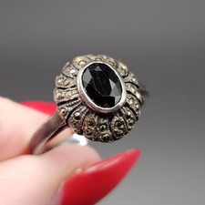 Antique Silver Marcasite Onyx Black Glass Ring Sz P 3.9g