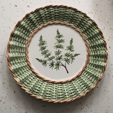 Vintage Basket Weave Serving Plate Botanical Design Green Brown Hand Painted