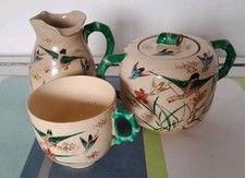 Japanese Satsuma Kinkozan Meiji Period Creamware Cup, Milk Jug & Lidded Sugar 