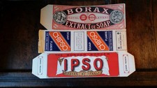 3X LARGE ANTIQUE VINTAGE BOX LABELS - BORAX SOAP IPSO CHIPSO  BIRMINGHAM ENGLAND