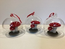 Three Glass Christmas Baubles Hand Made Toadstool Decorations