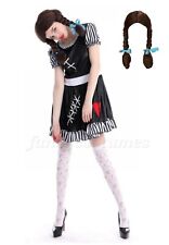 Ladies Zombie Rag Doll Costume Stockings Wig Womens Halloween Voodoo Fancy Dress