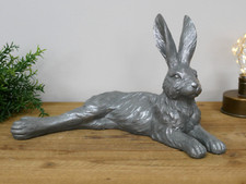Large Silver Laying Hare Rabbit Garden Ornament Figurine Decor Statue Sculpture