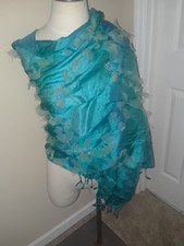 Oscar de la Renta Aqua Blue 3D Fringed 100% Silk Oblong Scarf Shawl Wrap 72"