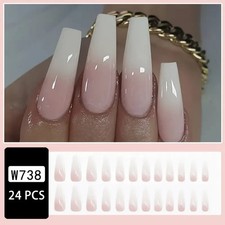 False Press-on nails Long Coffin Pink White Gradient Ombre Glossy 24pcs BN1287