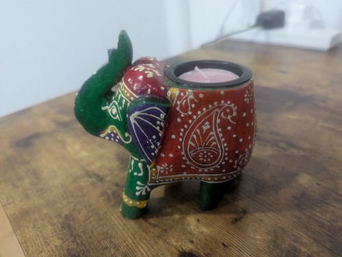 Wooden painted elephant candle - wooden,