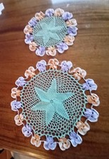  2 Vintage Hand Crochet Round  Doilies With Raised Pansy Flowers 