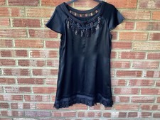 M&S Limited Collection Black Dress 100% Silk Ribbon /  Chain Mail Detail Size 14