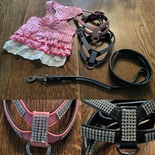 Black Pink Dog Harness Lead Dress Rhinestone Bling Diamante Crystal Pet Puppy 