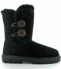 Ladies Ella Winter Boots Black Faux Fur Sheepskin Mid Calf Button Warm Booties