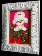 Framed VTG Christmas Card Print Poodle Bichon Maltese Terrier Puppy Dog Pic MCM