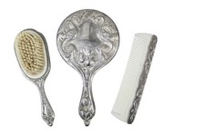 3X Piece Vintage Floral Silver Plated Vanity Set- Mirror- Brush- Comb