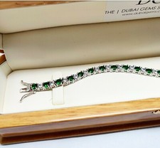 White gold finish green emerald and created diamonds tennis bracelet gift boxed