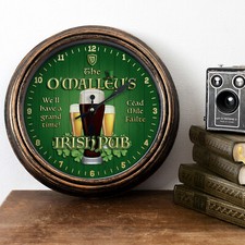 Personalised Wall Clock Irish Bar Family Name Round Glass Ireland Pub Gift KRC45