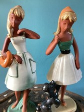 Charming Pair Of 50s 60s Cortendorf  Terracotta Teen Girl Figurines With Poodle