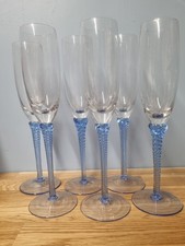 SET OF SIX TALL FLUTE CHAMPAGNE  GLASSES  , LIGHT BLUE SPIRAL TWIST STEMS  24cm