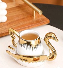 1 Set Ceramic Creative Gold-Plated Swan Designed Coffee Cup And Saucer-New