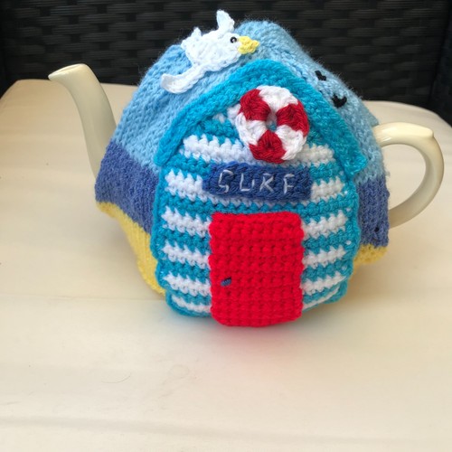 Hand knitted beach hut tea - knitted,