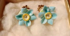 VINTAGE  DRESDEN FINE BONE CHINA CLIP ON  EARRINGS BLUE FLOWERS