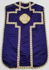 Vintage Embroidered IHS Monogram & Floral Galloon Trim Purple Chasuble 103x65cm
