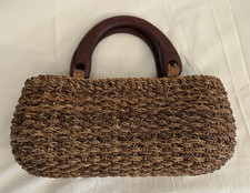 Handbag - Brown - Wicker/Straw Style  with Wooden Handles