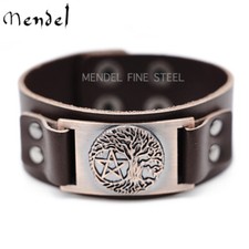 MENDEL Mens Celtic Tree of Life Leather Pentagram Pagan Bracelet Cuff Wristband