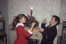 35mm Slide - Young Boy & Girl In Christmas Outfit Blowing Bubbles, 1963