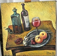 Still Life Oil Painting of Fruit Garlic, Wine by Jatnov, Original Restaurant Art