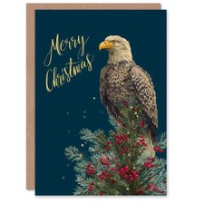 Christmas Card Bald Eagle Bird on Top of Holly and Fir Tree