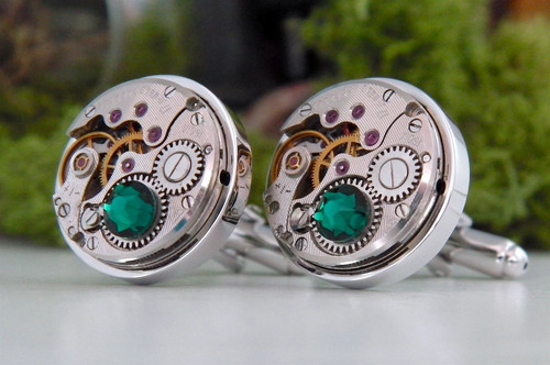 Emerald steampunk cufflinks - emerald,