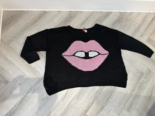 H&M Divided, Black Knitted Jumper, With Pink Lips Design, Medium