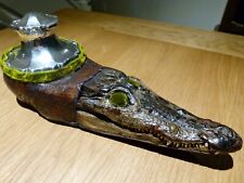 LATE VICTORIAN TAXIDERMY CROC-HEAD SOLID SILVER INKSTAND,EYES ARE PEN WIPES.