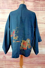 Short Black Silk Vintage Kimono Jacket with Red Gold Embroidery Detail, One Size