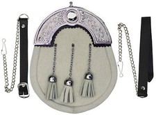 FULL DRESS KILT SPORRAN WHITE CALF SKIN & CHROME CELTIC CANTLE