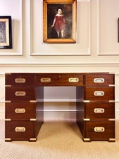 ANTIQUE CAMPAIGN MILITARY STYLE TWIN PEDESTAL DESK WITH BLUE LEATHER TOP