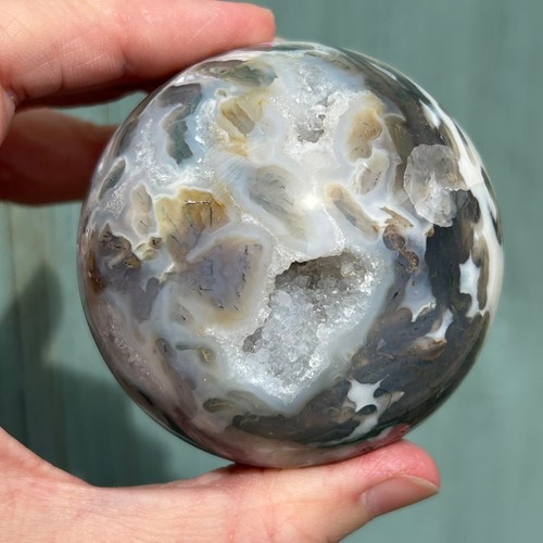 Moss agate sphere with - moss, druzy