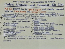 Sea Cadets Uniform & Personal Kit List 1961