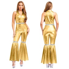 Women 70s Disco Jumpsuit Sequins Bell Bottom Long Pants Retro Party Jazz Dance