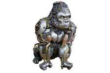 Textured Steampunk Style Resin Gorilla Sculpture | Silver with Gold Cog Detail