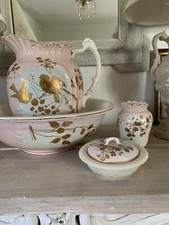 Antique Pink Blue Gilt Ewer Jug Wash Basin Bowl Vase Soap Birds Blossom Flowers