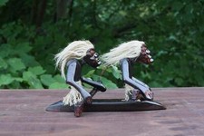 Handmade Wooden Primitive Tribal Tandem Kayaking Figurine Statue Canoe Tiki Bar