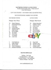 Southend United v Luton Town LDV Vans Trophy 9/12/2003 Teamsheet