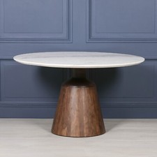 Natural Marble Top 135cm Wooden Reclaimed Carved Pedestal Round Dining Table